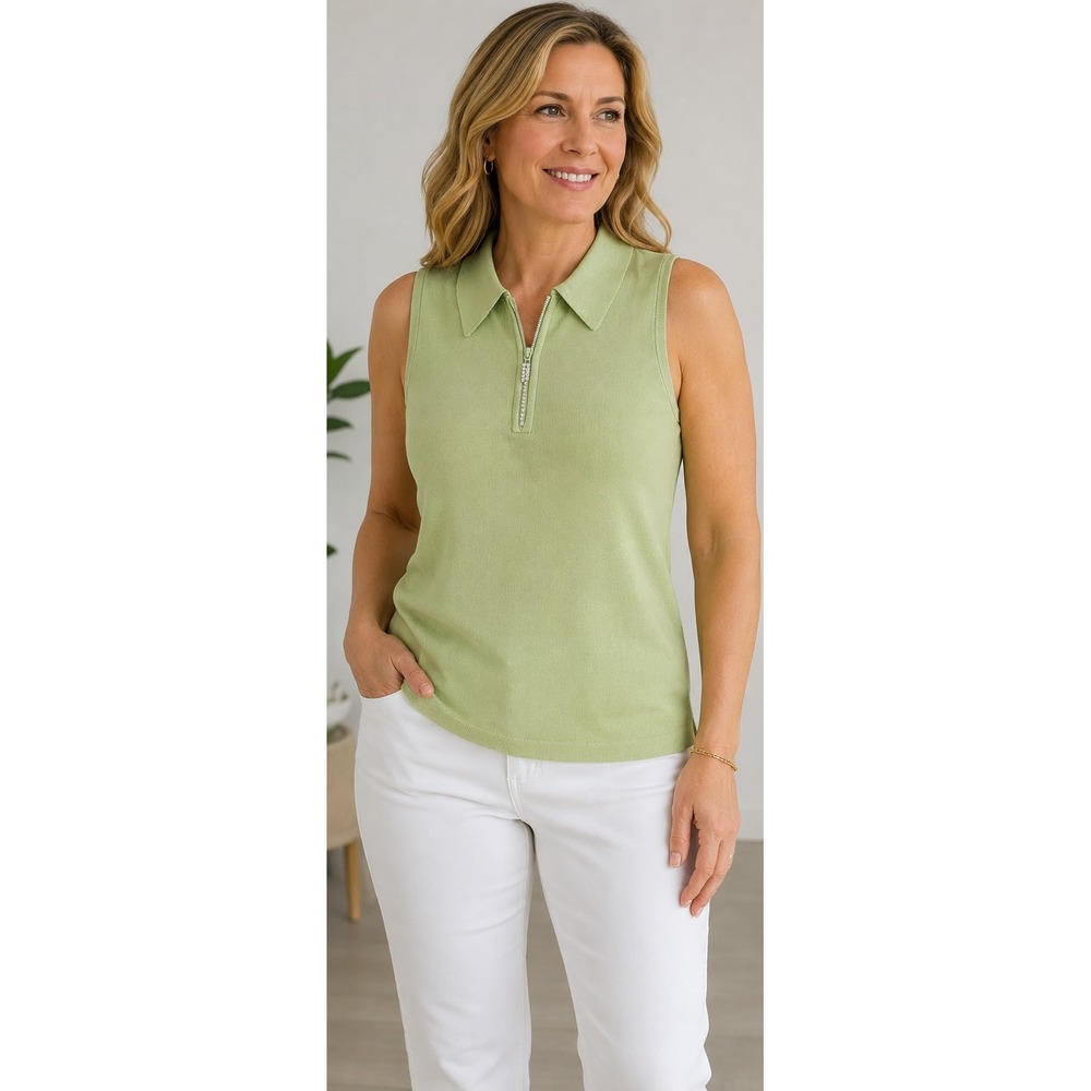 Belldini Y2K Green Sleeveless Quarter Zip‎ Rhinestone Knit Top PM Preppy Resort